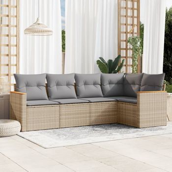 Conjunto De Sofás Jardín Con Cojines Beige Mezcla 5 Uds | Mueble Jardin Mesa Y Sillas Ratán Pe Cfw210769