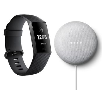 FITBIT Charge 3 Fitness Tracker Black & Chalk Google Nest Mini (2nd Gen) Bundle, Black
