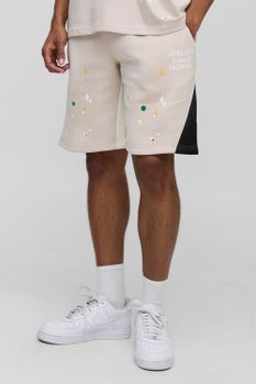 Oversized Washed Paint Splatter Mid Length Gusset Shorts, Beige