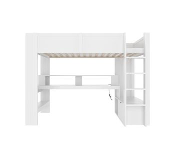 Cama alta 90x200 cm - cama gaming con escritorio, con luces led, cajón, estantes - blanco