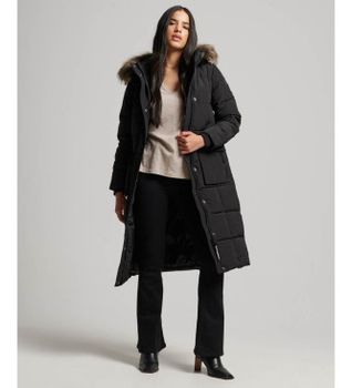 Superdry para mujer. W5011566A Abrigo largo acolchado Everest (XS), Negro, Casual, Poliéster