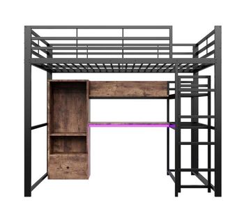 Cama alta 140x200cm - cama de metal con led, escritorio, 1 cajón, estantes, barandilla, escalera, sin colchón - negro