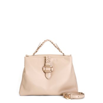 bolso de mano suave con asa trenzada, hebilla y bandolera extraíble. beige