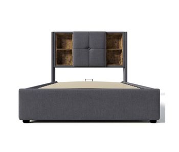 Cama contenedor acolchada 90x200 cm - con carga inalámbrica y cabezal de almacenamiento - tejido de algodón - gris