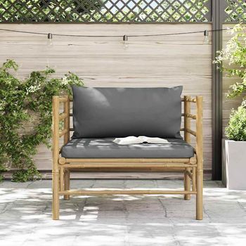 Sofá De Jardín | Sofá De Exterior Bambú Con Cojines Gris Oscuro