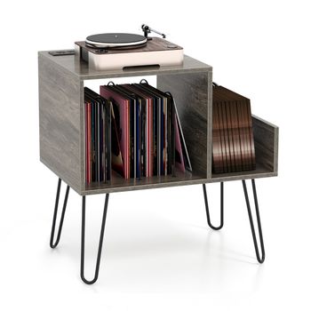 Costway Soporte para Tocadiscos con Enchufe Mesa Auxiliar con Divisor para Hasta 145 Álbumes y Estante de Exhibición con Patas de Metal