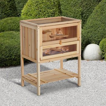 PawHut Jaula de Madera para Hámster Rampa Techo Abatible Ventana Plexiglás y Estante Inferior 60x40x80 cm Natural