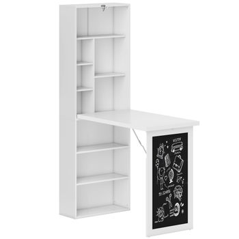 HOMCOM Escritorio Plegable con Estantería Mesa de Oficina con Pizarra y Múltiples Estantes Convertible con Baldas Ajustables 98x51x153 cm Blanco   Aosom España