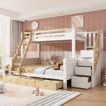 Litera Familiar 90x200 Y 140x200 Con 3 Cajones Y Escalera, Madera Maciza, Blanco Y Natural