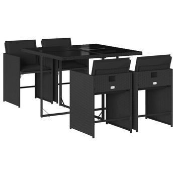 Set De Muebles Jardín 5 Uds | Conjunto De Mesa Y Sillas Con Cojines Ratán Sintético Negro