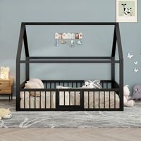 cama cabina 140 x 200 cm con barandillas y puerta pequena - somier de laminas de metal y madera - color negro colchon no incluido