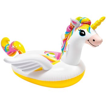 INTEX - Unicornio hinchable mediano 140x198x97 cm, flotador infantil con asas de sujeción, capacidad 1 persona hasta 40 kg, diseño colorido con alas y cuerno dorado, ideal para niños desde 3 años,