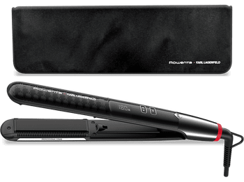 Plancha de pelo - Rowenta x Karl Lagerfeld K/Pro Stylist, Tecnología Iónica, Keratin & Glow, 210 °C, 8 temperaturas, LCD, Sistema Liss Curl, Negro