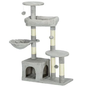 PawHut Rascador para Gatos Altura 104 cm Árbol para Gatos con Postes de Sisal Cueva Plataformas y Bolas Colgantes Gris Claro