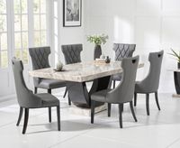 raphael 170cm cream and black pedestal marble dining table with freya chairs
