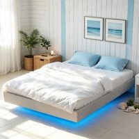 estructura de cama doble 140 x 190 cm tapizada en beige y con iluminacion multicolor