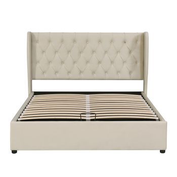 Cama Con Canapé Acolchada De Terciopelo 140x200cm Con Somier De Láminas Beige