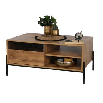 Mesa De Centro Estilo Rústico Colección Helias – Color Roble Oscuro, Patas De Metal Negro, Dimensiones 60x49x110 Cm