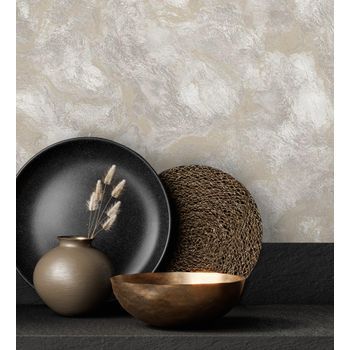 Papel Pintado Vinílico Efecto Estuco Gris En Relieve Con Vetas Metalizadas - Neptune Stone Texture 676357 De Gaulan - Rollo De 10 M X 1,06 M