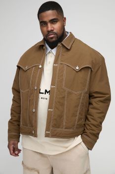 Chaqueta Plus Estilo Western Acolchada Con Costuras En Contraste, Brown