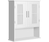 kleankin armario de pared para bano multiusos mueble de bano suspendido armario colgante de almacenamiento con 2 puertas de listones estante ajustable y compartimento 60x20x70 cm blanco
