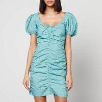 ganni printed gathered cotton-poplin mini dress - eu 40uk 12