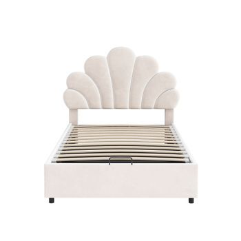Cama Con Almacenaje Acolchada De Terciopelo 90x200cm Cabecero En Forma De Flor Con Somier De Láminas Beige