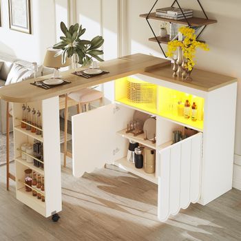 Mesa De Bar Extensible De 135 A 205 Cm Con Almacenamiento Y Ruedas