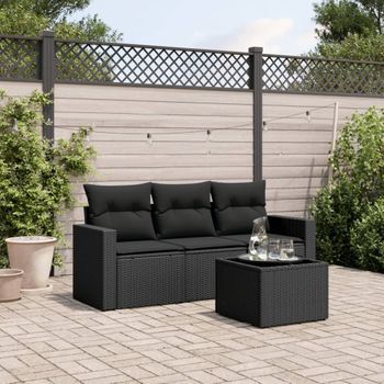 Conjunto De Sofás Jardín 4 Uds | Mueble Jardin Mesa Y Sillas Con Cojines Ratán Sintético Negro Cfw419010