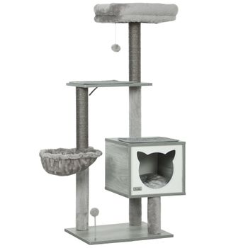 PawHut Árbol Rascador para Gatos con Plataforma Torre Escalador para Gatos con Hamaca Caseta Cama Postes 48x40x126 cm Gris
