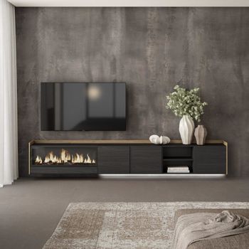 Mueble tv efecto madera negro roble 315x35x50cm chimenea efecto fuego