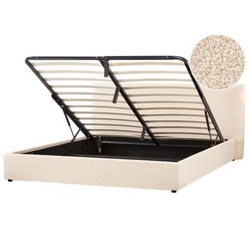Cama Con Almacenaje De Bouclé 180 X 200 Cm Otomana Cabecero Beige Lavaur