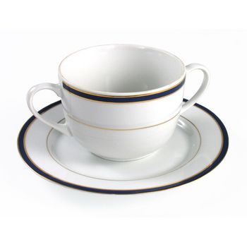 Juego De Boles Consomé De Porcelana Blanca (12 Piezas) Sonata, 6 Boles Consomé Con Asas (33cl), 6 Platillos Para Tazas, Con Filo De Oro
