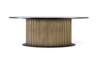 mesa de comedor con tapa de madera de mango y base dorada 220 cm