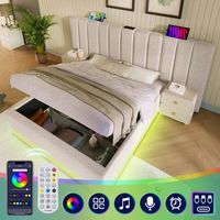 cama contenedor 180 x 200 cm con cabecero grande - lampara de lectura y tomas usb  tipo c - led - tela de lino - beige sin colchon