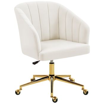 HOMCOM Silla de Oficina con Ruedas de Terciopelo con Respaldo Acolchado Altura Ajustable Espuma Alta Resiliencia Crema