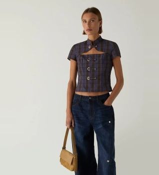 LAAGAM para mujer. M2027 Top Azura de cuadros marrón (S), Casual, Algodón, Manga corta