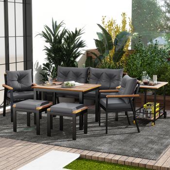 Conjunto De Mesa Y Sillas De Comedor De Madera De Acacia, Muebles De Jardín, Conjunto De Mesa Y Sillas De Comedor De Jardín De 6-7 Plazas Con Sillones Y Carrito De Comedor Extraíble, Funda De Tela Extraíble Y Lavable