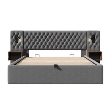 Cama Polsterbett 160x200 - Cama Hidráulica Con Almacenamiento, 2 Mesitas, Luz Led, Gris