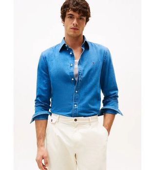 Tommy Hilfiger para hombre. MW0MW38134 Camisa de chambray con corte regular azul (L), Casual, Algodón, Manga larga
