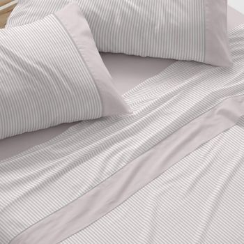 Juego De Sábanas 100% Algodón Extrasuave Diseño Rayas Azul 200 X 190/200 Cm - Nude - Burrito Blanco