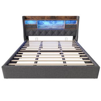 Cama Hidráulica 180x200 Cm - Con Almacenamiento, Cabecero Led, 4 Puertos Usb/type-c, Gris
