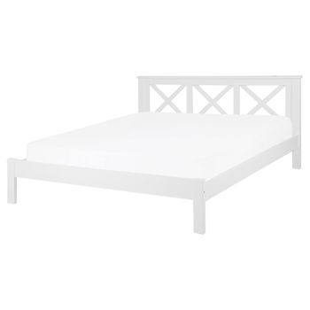Cama Doble De Madera Blanca 160 X 200 Cm Con Cabecero Decorativo Diseño Rústico Tannay