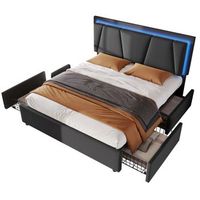 cama 160x200 cm con cabecero - 4 cajones - leds - tejido de lino - gris  colchon