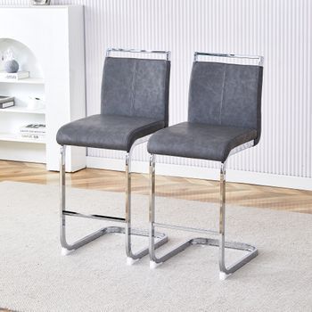 Taburete De Bar - Juego De 2 - Patas De Metal Plateado - Metal Y Poliuretano - Gris Oscuro (38,9x46,5x96,5cm)