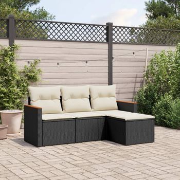 Conjunto De Sofás Jardín 4 Uds | Mueble Jardin Mesa Y Sillas Con Cojines Ratán Sintético Negro Cfw608458