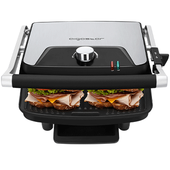 Aigostar Samuel - Parrilla Eléctrica, Grill, Sandwichera y Máquina de Panini, 2000W, Revestimiento Antiadherente, Placa Superior Flotante, Temperatura Regulable, Superficie Amplia 29 x 26 cm, Espátula