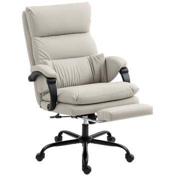 HOMCOM Silla de Oficina con Masaje y Calefacción, Reclinable 135° con Reposapiés en Piel PU, Gris Claro   Aosom España