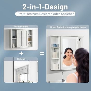 Mueble De Baño Con Espejo, 4 Compartimentos Y 6 Estantes Abiertos, Mueble De Baño, Mueble Con Espejo, Mueble De Pared, Blanco, 65 X 17 X 63 Cm