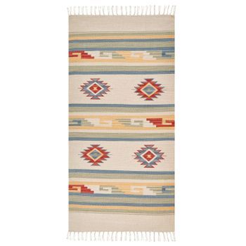 Alfombra Kilim De Algodón Beige Azul Rojo 80 X 150 Cm A Mano Geométrico Borlas Aparan